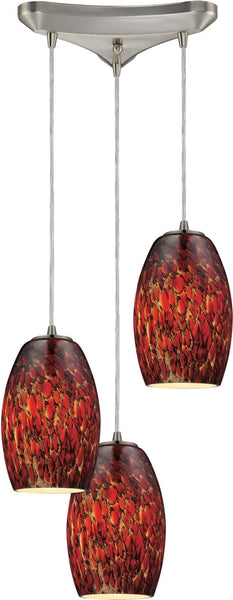 Maui 3 Light Pendant In Satin Nickel and Ember Glass