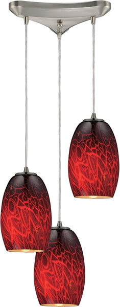 Maui 3 Light Pendant In Satin Nickel and Firebrick Glass