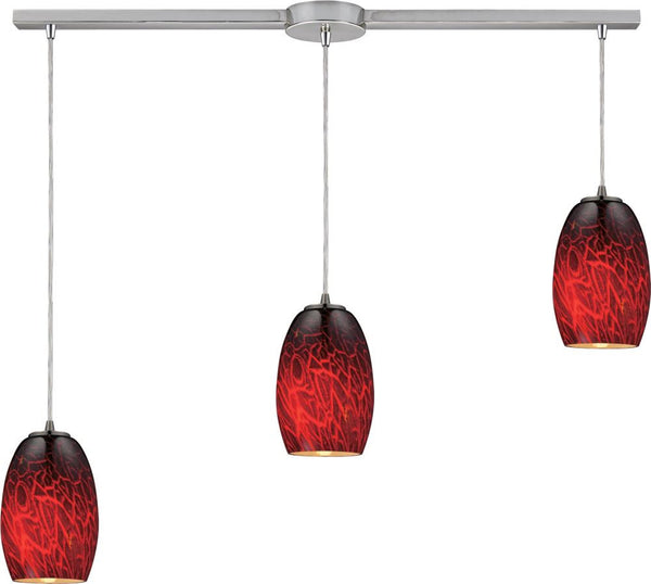 Maui 3 Light Pendant In Satin Nickel and Firebrick Glass
