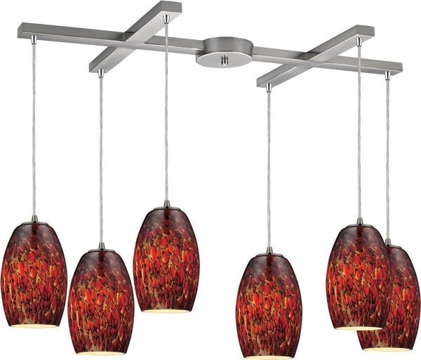 Maui 6 Light Pendant In Satin Nickel and Ember Glass