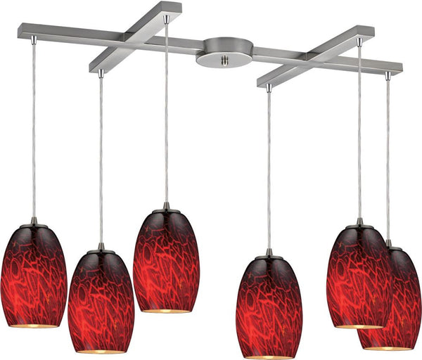 Maui 6 Light Pendant In Satin Nickel and Firebrick Glass