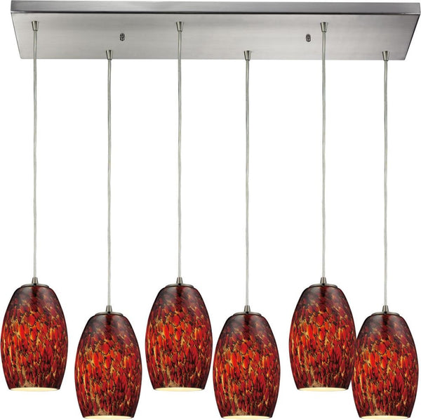Maui 6 Light Pendant In Satin Nickel and Ember Glass