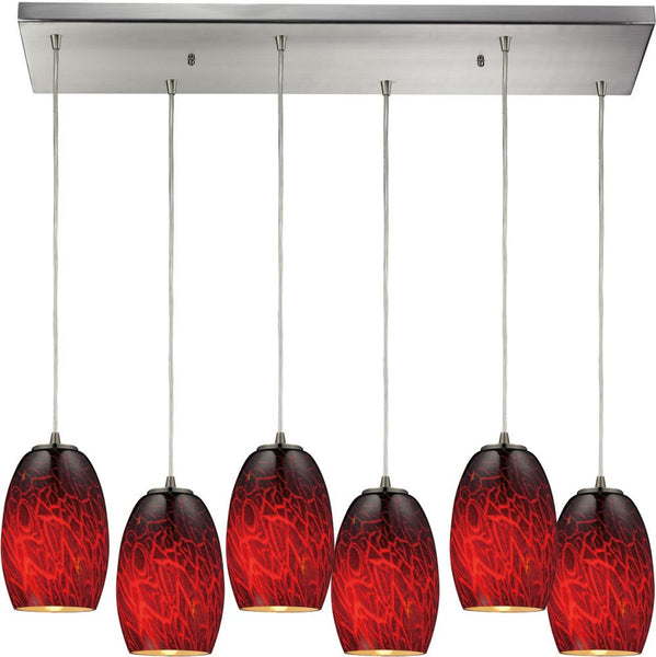Maui 6 Light Pendant In Satin Nickel and Firebrick Glass
