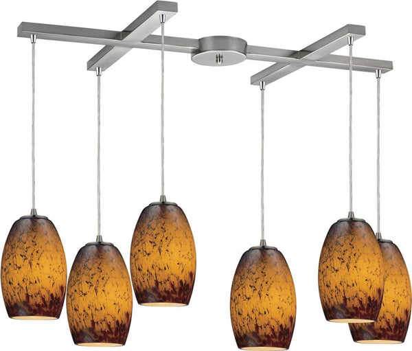 Maui 6 Light Pendant In Satin Nickel and Sunset Glass