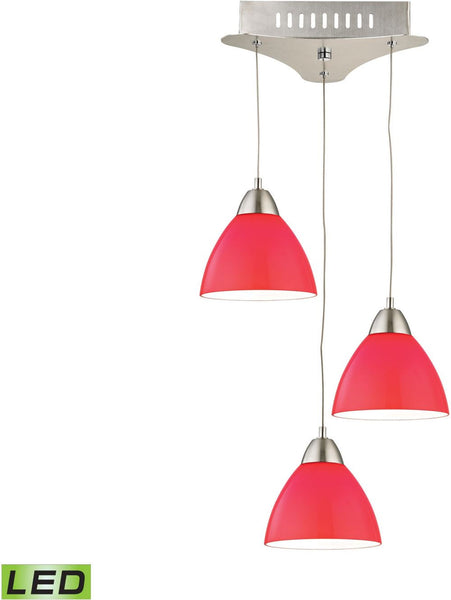 Piatto 3 Light Led Pendant In Satin Nickel With Red Glass