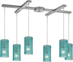 Ice Fragments 6 Light Pendant In Satin Nickel and Aqua Glass