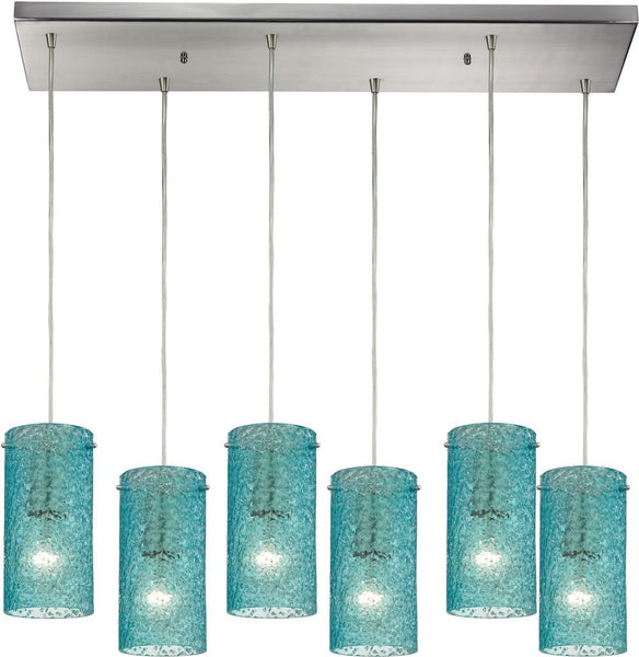 Ice Fragments 6 Light Pendant In Satin Nickel and Aqua Glass