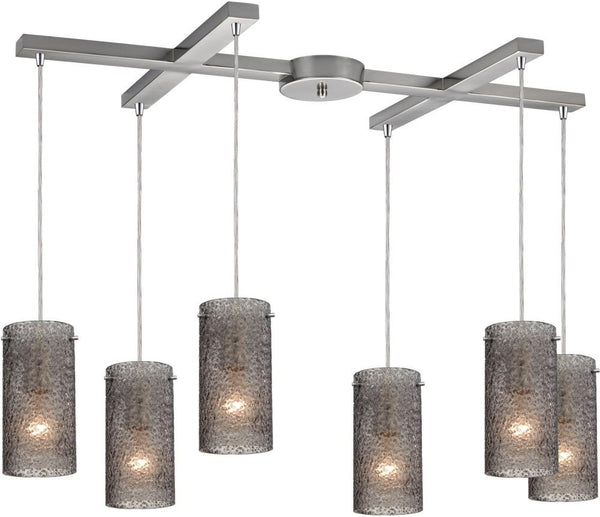 Ice Fragments 6 Light Pendant In Satin Nickel and Smoke Glass