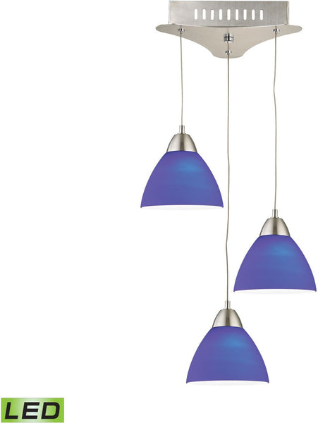 Piatto 3 Light Led Pendant In Satin Nickel With Blue Glass