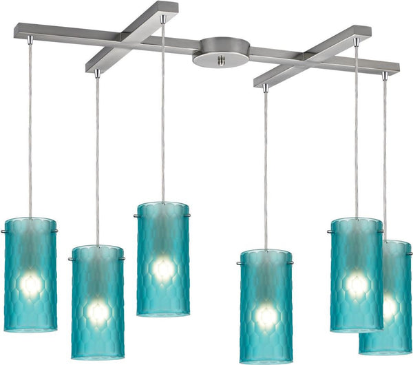 Synthesis 6 Light Pendant In Satin Nickel and Frosted Aqua Glass