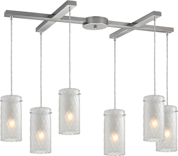 Synthesis 6 Light Pendant In Satin Nickel and Frosted Clear Glass