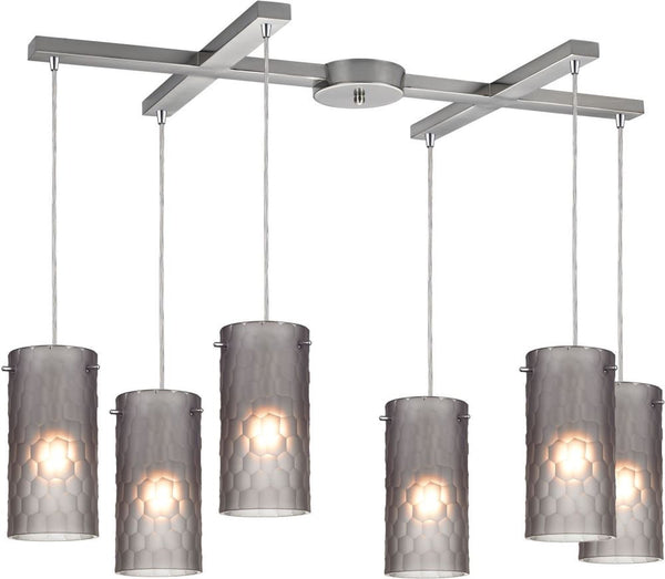 Synthesis 6 Light Pendant In Satin Nickel and Frosted Smoke Glass