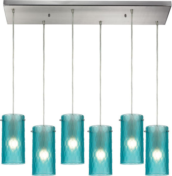 Synthesis 6 Light Pendant In Satin Nickel and Frosted Aqua Glass