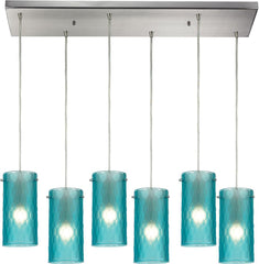 Synthesis 6 Light Pendant In Satin Nickel and Frosted Aqua Glass