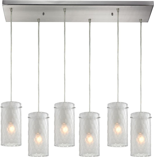 Synthesis 6 Light Pendant In Satin Nickel and Frosted Clear Glass