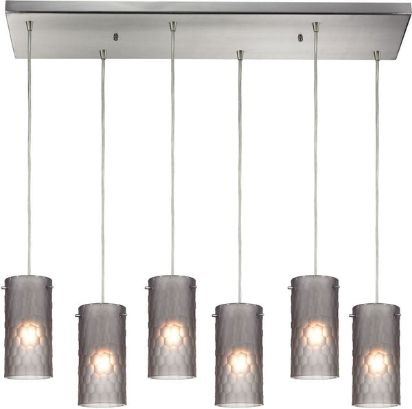 Synthesis 6 Light Pendant In Satin Nickel and Frosted Smoke Glass