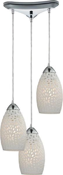 Etched Glass 3 Light Pendant In Polished Chrome and White Etched Glass