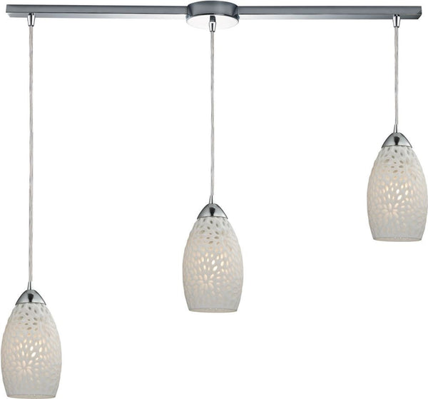 Etched Glass 3 Light Pendant In Polished Chrome and White Etched Glass
