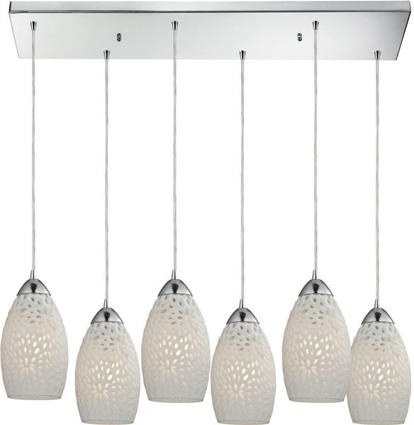 Etched Glass 6 Light Pendant In Polished Chrome and White Etched Glass