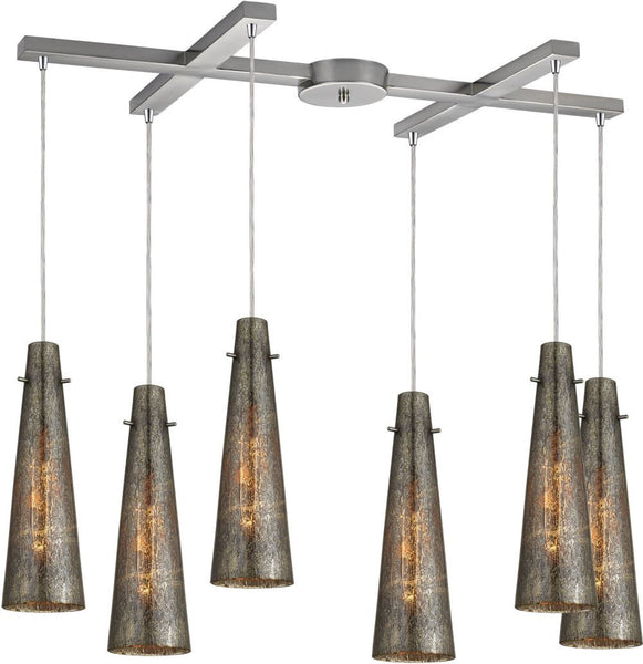 Rury 6 Light Pendant In Satin Nickel and Mercury Glass