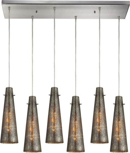 Rury 6 Light Pendant In Satin Nickel and Mercury Glass