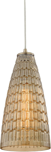 Mickley 1 Light Pendant In Satin Nickel and Amber Teak Glass