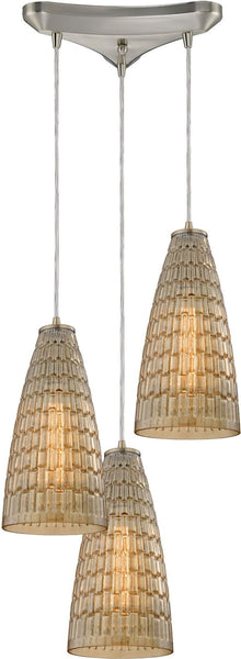 Mickley 3 Light Pendant In Satin Nickel and Amber Teak Glass