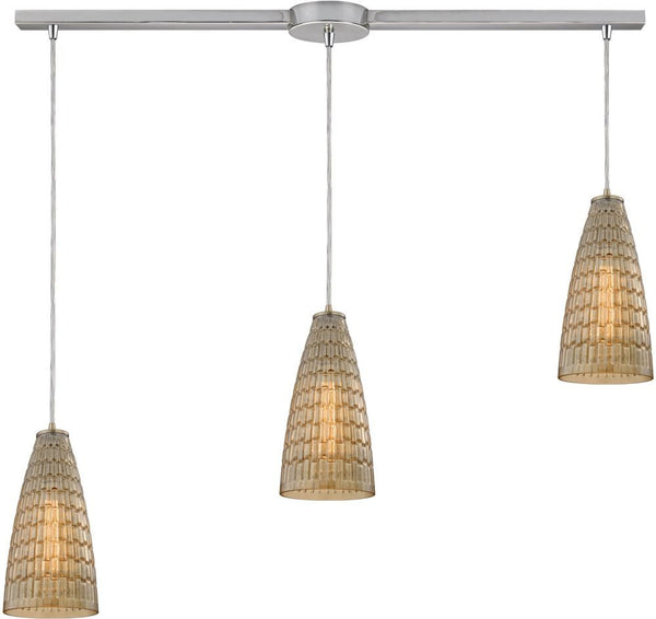 Mickley 3 Light Pendant In Satin Nickel and Amber Teak Glass
