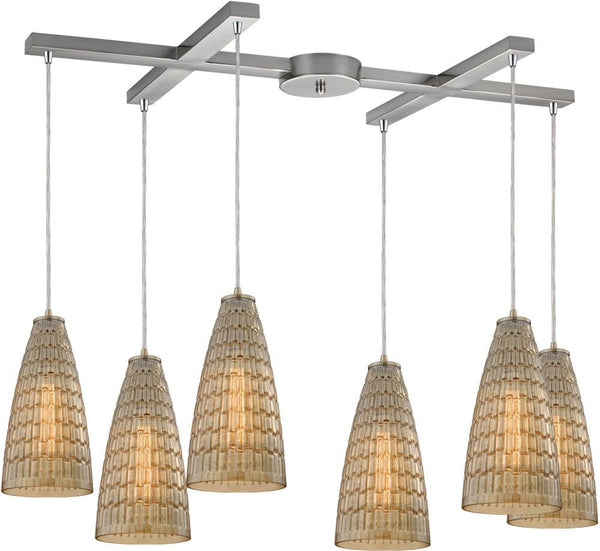Mickley 6 Light Pendant In Satin Nickel and Amber Teak Glass
