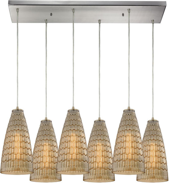 Mickley 6 Light Pendant In Satin Nickel and Amber Teak Glass