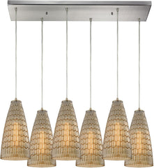 Mickley 6 Light Pendant In Satin Nickel and Amber Teak Glass
