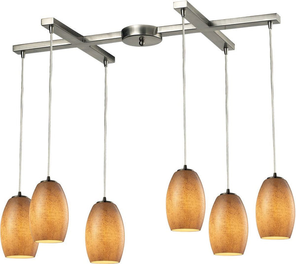 Andover 6 Light Pendant In Satin Nickel and Textured Beige Glass