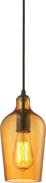 Hammered Glass 1 Light Pendant In Oil Rubbed Bronze and Amber Glass