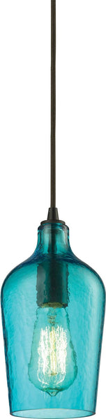 Hammered Glass 1 Light Pendant In Oil Rubbed Bronze and Aqua Glass
