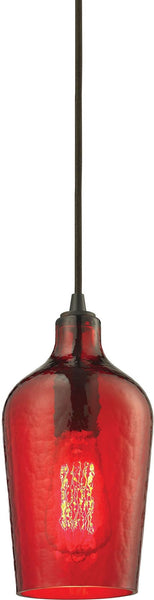 Hammered Glass 1 Light Pendant In Oil Rubbed Bronze and Red Glass