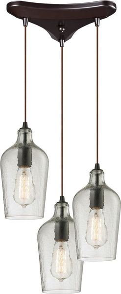 Hammered Glass 3 Light Pendant In Oil Rubbed Bronze and Clear Glass