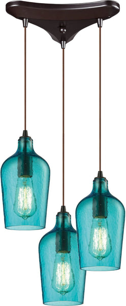 Hammered Glass 3 Light Pendant In Oil Rubbed Bronze and Aqua Glass