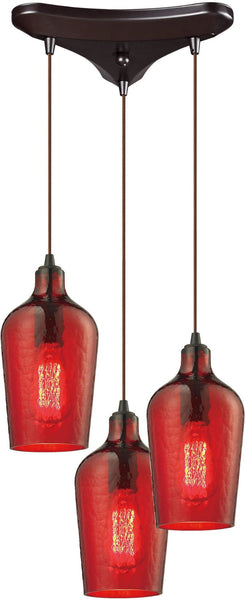 Hammered Glass 3 Light Pendant In Oil Rubbed Bronze and Red Glass