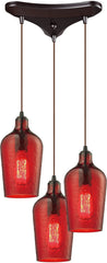 Hammered Glass 3 Light Pendant In Oil Rubbed Bronze and Red Glass