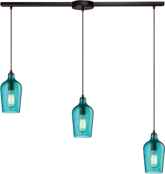 Hammered Glass 3 Light Pendant In Oil Rubbed Bronze and Aqua Glass