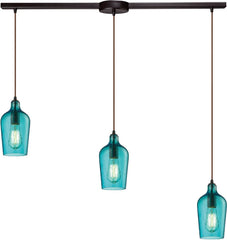Hammered Glass 3 Light Pendant In Oil Rubbed Bronze and Aqua Glass
