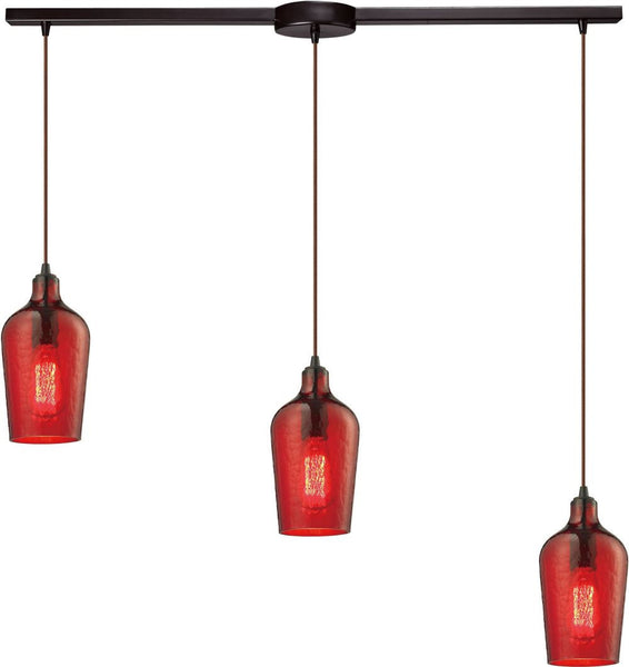 Hammered Glass 3 Light Pendant In Oil Rubbed Bronze and Red Glass