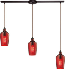 Hammered Glass 3 Light Pendant In Oil Rubbed Bronze and Red Glass