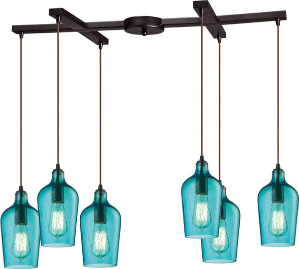 Hammered Glass 6 Light Pendant In Oil Rubbed Bronze and Aqua Glass