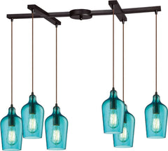 Hammered Glass 6 Light Pendant In Oil Rubbed Bronze and Aqua Glass