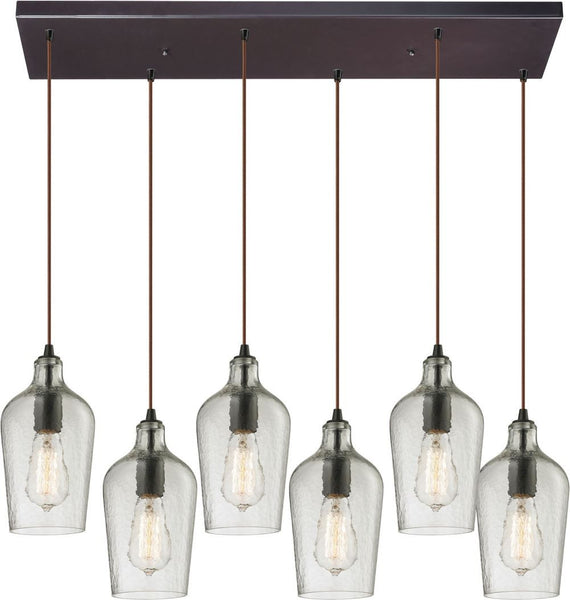 Hammered Glass 6 Light Pendant In Oil Rubbed Bronze and Clear Glass