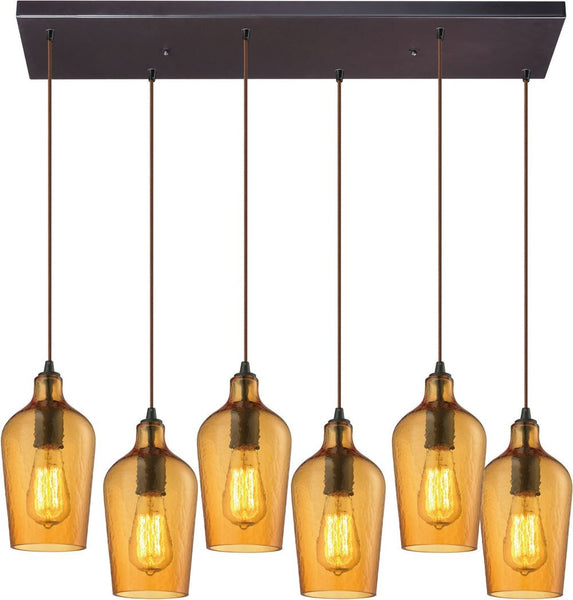 Hammered Glass 6 Light Pendant In Oil Rubbed Bronze and Amber Glass