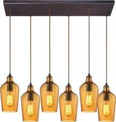 Hammered Glass 6 Light Pendant In Oil Rubbed Bronze and Amber Glass