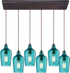 Hammered Glass 6 Light Pendant In Oil Rubbed Bronze and Aqua Glass