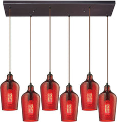 Hammered Glass 6 Light Pendant In Oil Rubbed Bronze and Red Glass